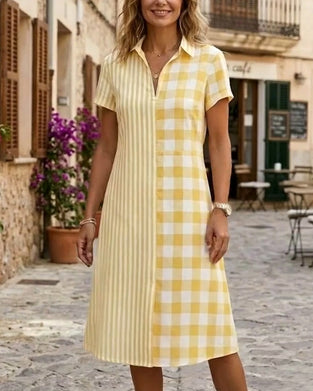 Sukienka W Kratę I Paski Patchwork Koszula