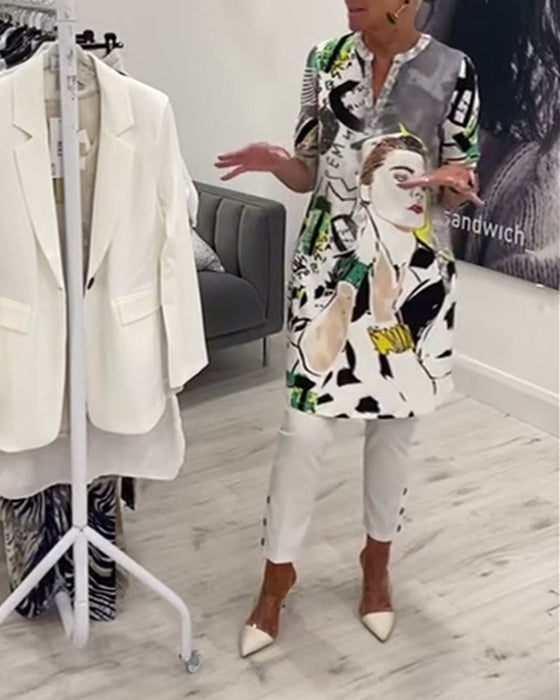 Długa bluzka z nadrukiem zapinana na guziki