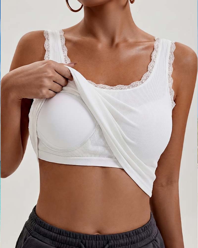 Tank Top Wyściełany Koronka Wykończenie