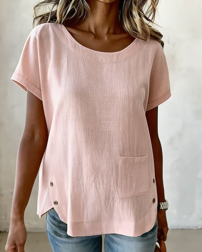 T-Shirt Bawełna Len Guzik Detal Krótki Rękaw