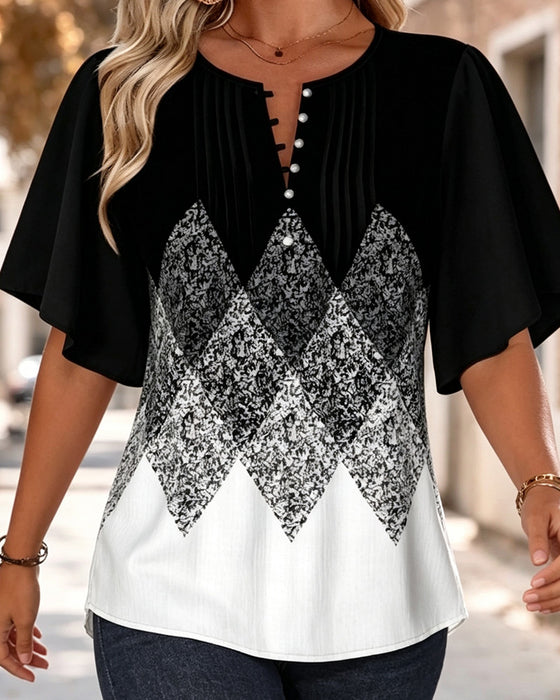 T-Shirt Diamentowa Krata Gradientowy Nadruk Dekolt W Serek