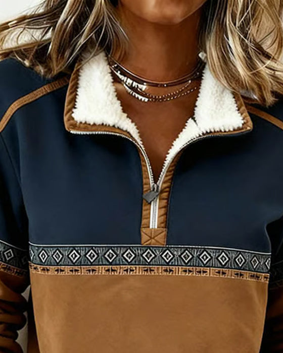 Bluza Retro Z Color Blocking I Futrzanym Kołnierzem