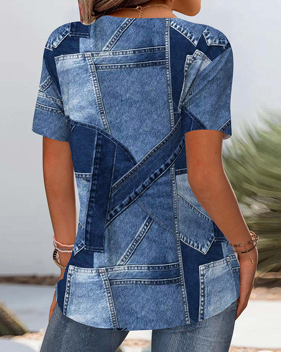 Bluzka Vintage Denim Kontrastowa Wycięcie