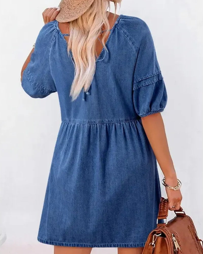 Sukienki Denim V-Szyja Puff Rękaw
