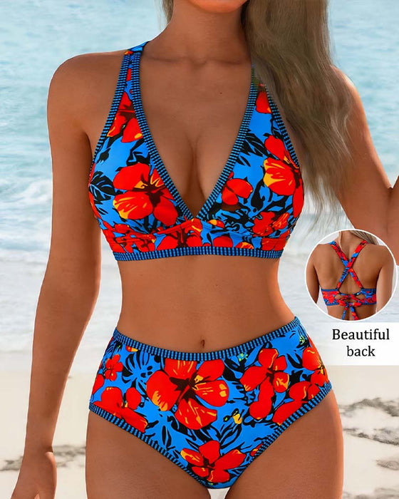 Bikini Kwiatowy Głębokie-V Wysoki-Stan