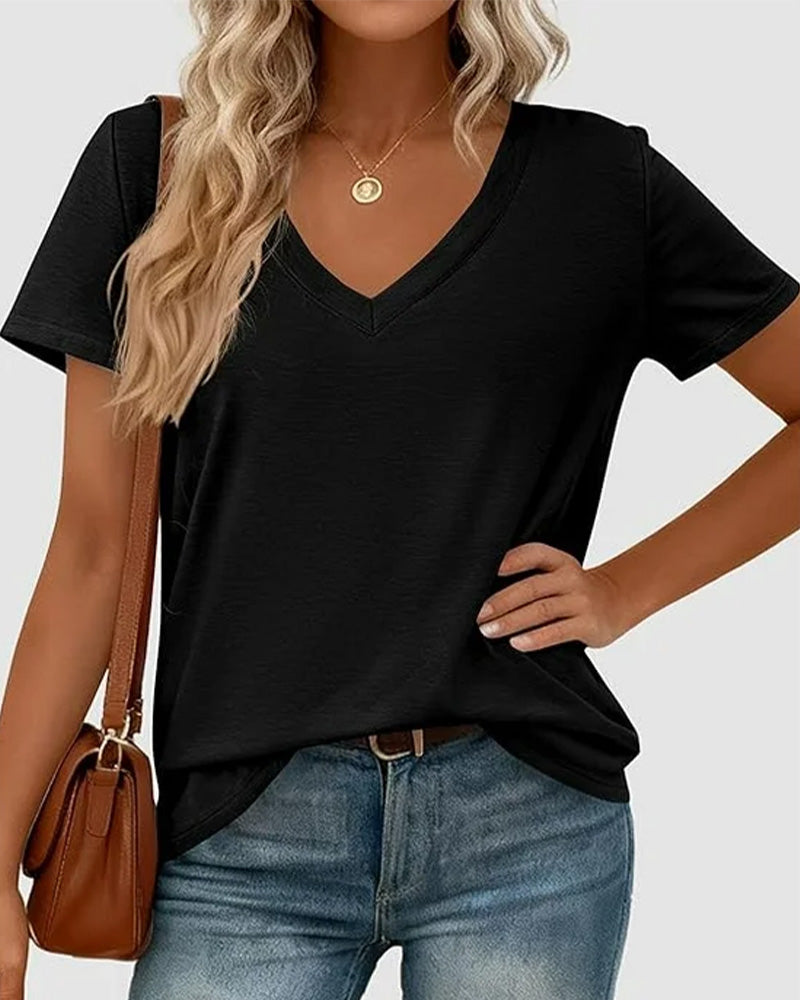 T-Shirt Pullover Dekolt V Gładki