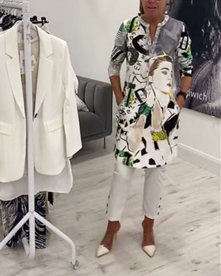 Długa bluzka z nadrukiem zapinana na guziki