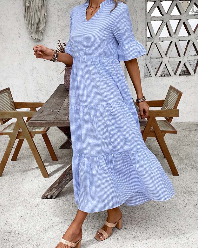 Sukienka Niebieski Biały Gingham V-Szyja