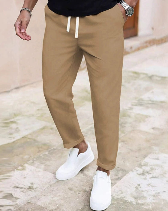 Męskie Spodnie Jednokolorowe Ściągacz Slim Fit Skrócone