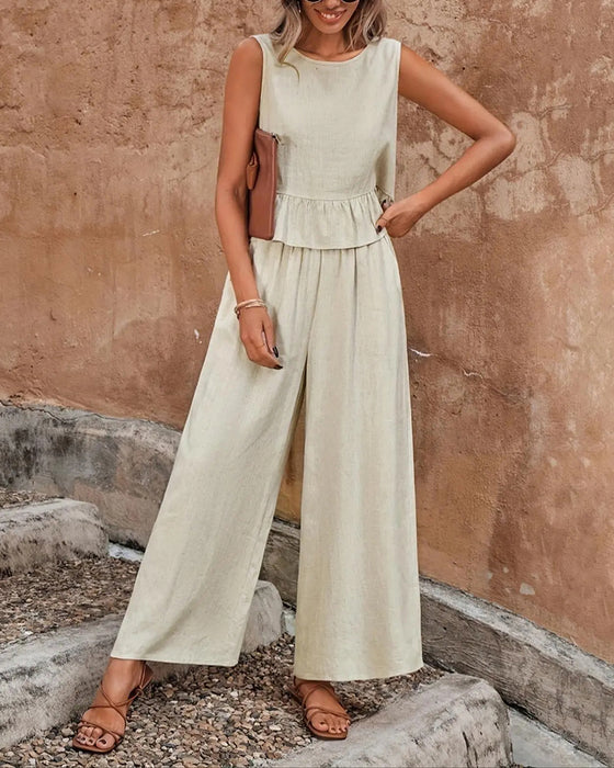 Set Bez Rękawów Okrągły Dekolt Ruffle Szeroka Noga