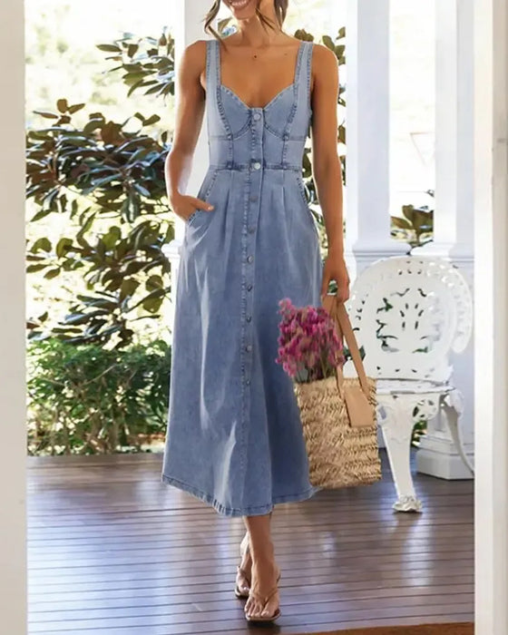 Sukienka Spaghetti Ramiączko Guzik Talia Wcięta Denim