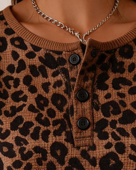 Top Dekolt Henley Lampart Nadruk Gofrowany