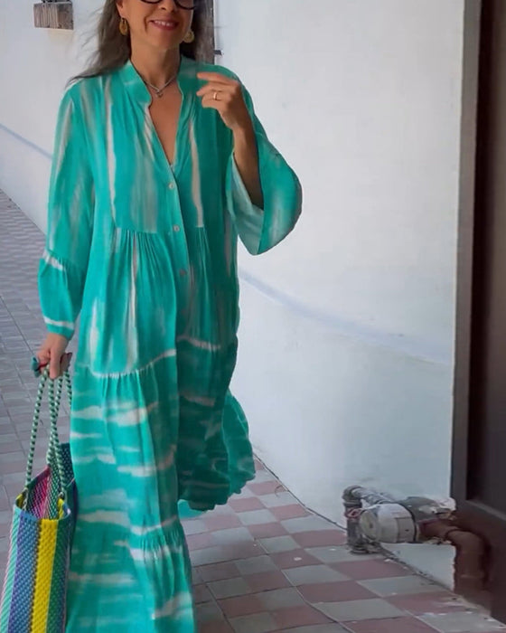 Luźna długa sukienka z dekoltem w kształcie litery V z rozszerzanymi rękawami