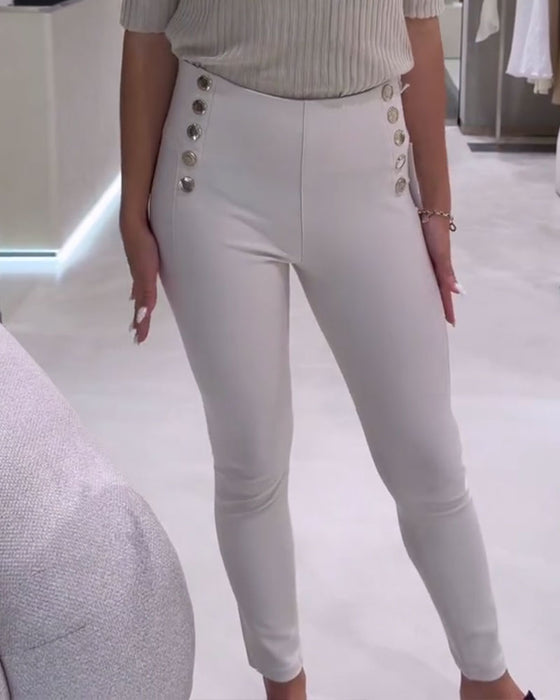 Spodnie Wysoka Talia Boczny Guzik Stretch