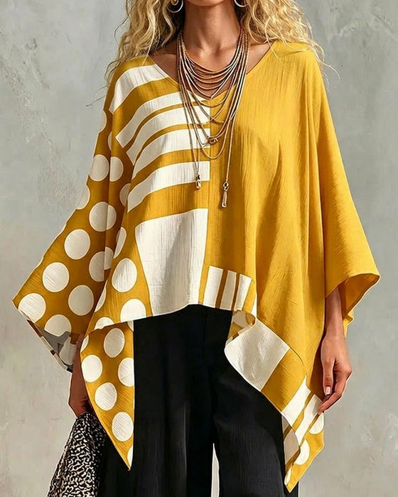 Bluzka Polka Dot Pasek Patchwork V Szyja