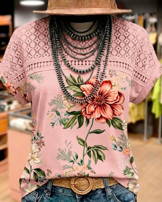 T-Shirt Z Wycięciem Patchwork Krótki Rękaw