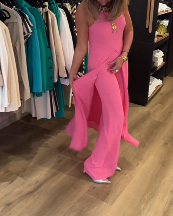 Dwuczęściowy komplet z dekoltem typu halter i rozcięciem w jednolitym kolorze