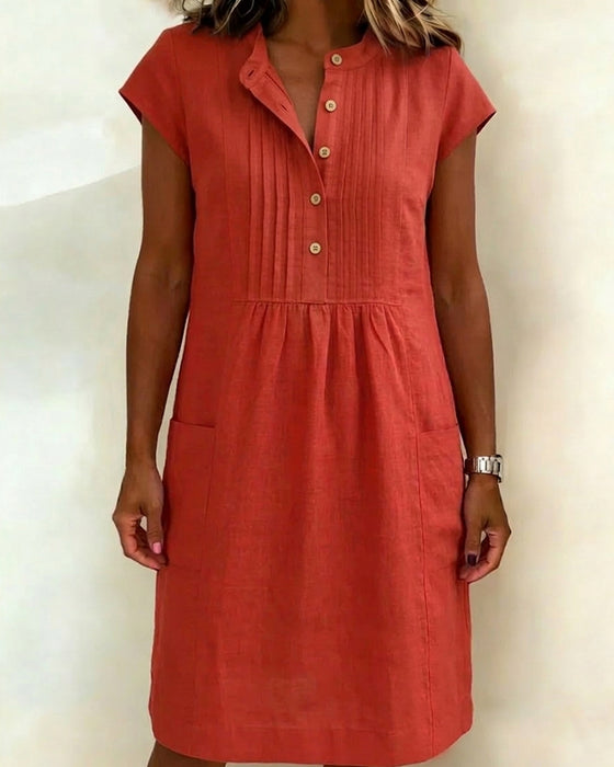 Sukienka Bawełna I Len Kołnierz Stojący Krótki Rękaw