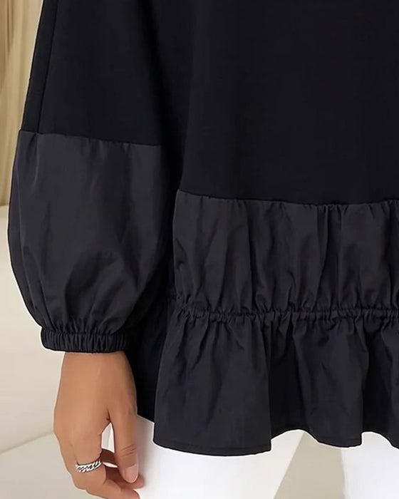 Bluza Okrągły Dekolt Falbanka Długi Rękaw