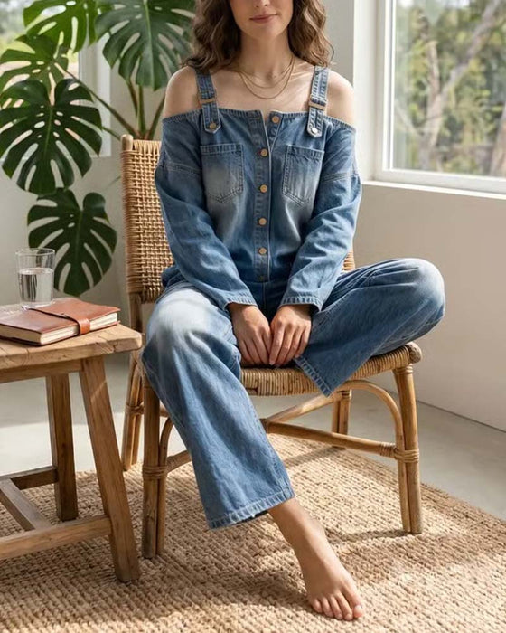 Jumpsuit Ramiączko Spaghetti Odkryte Ramię Szeroka Noga Denim
