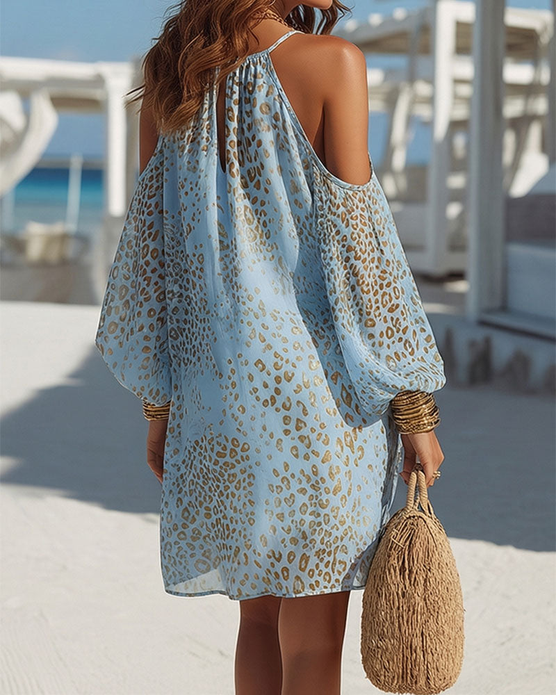 Sukienka Lampart Nadruk Halterneck Odkryte Ramiona Krótka