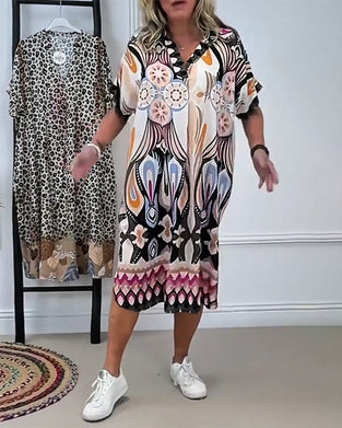 Sukienka Boho Wzorzysta Prosta Krótki Rękaw