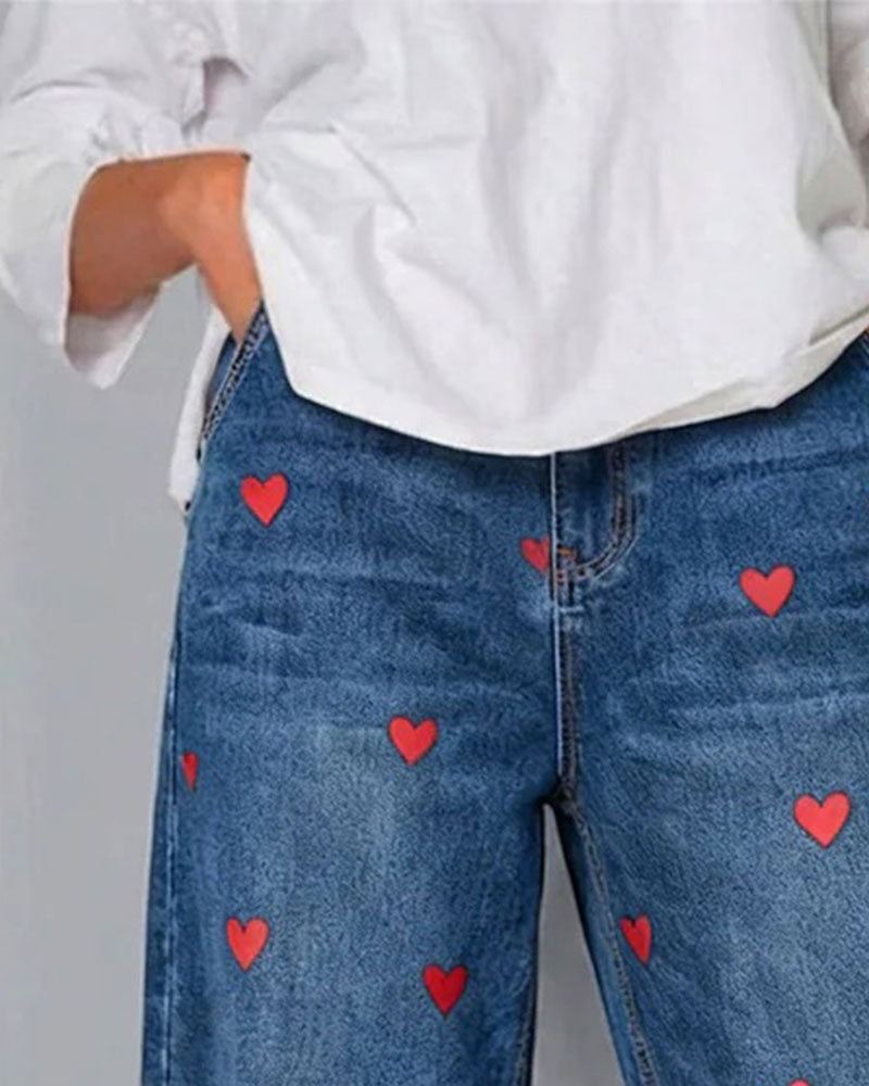 Spodnie Serce Nadruk Denim Kostka