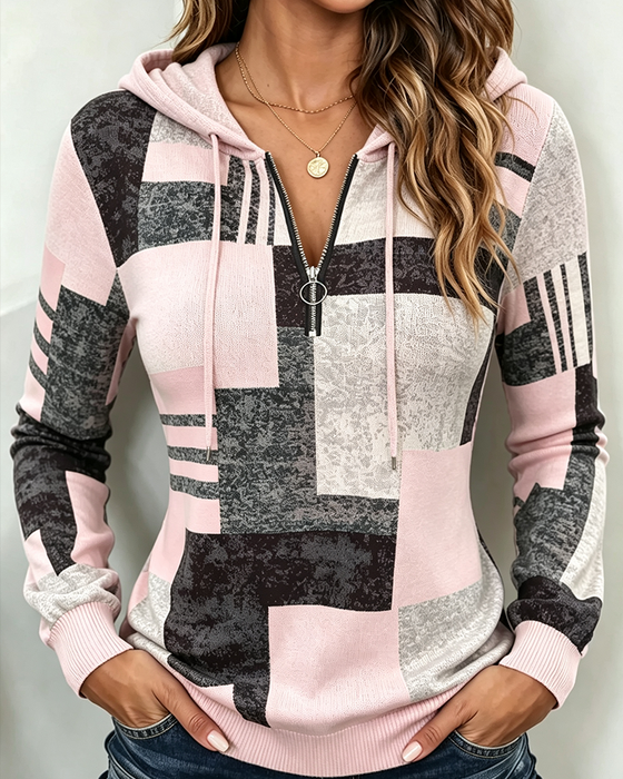 Bluza Z Kapturem Half-Zip Casual Kontrast W Kratę