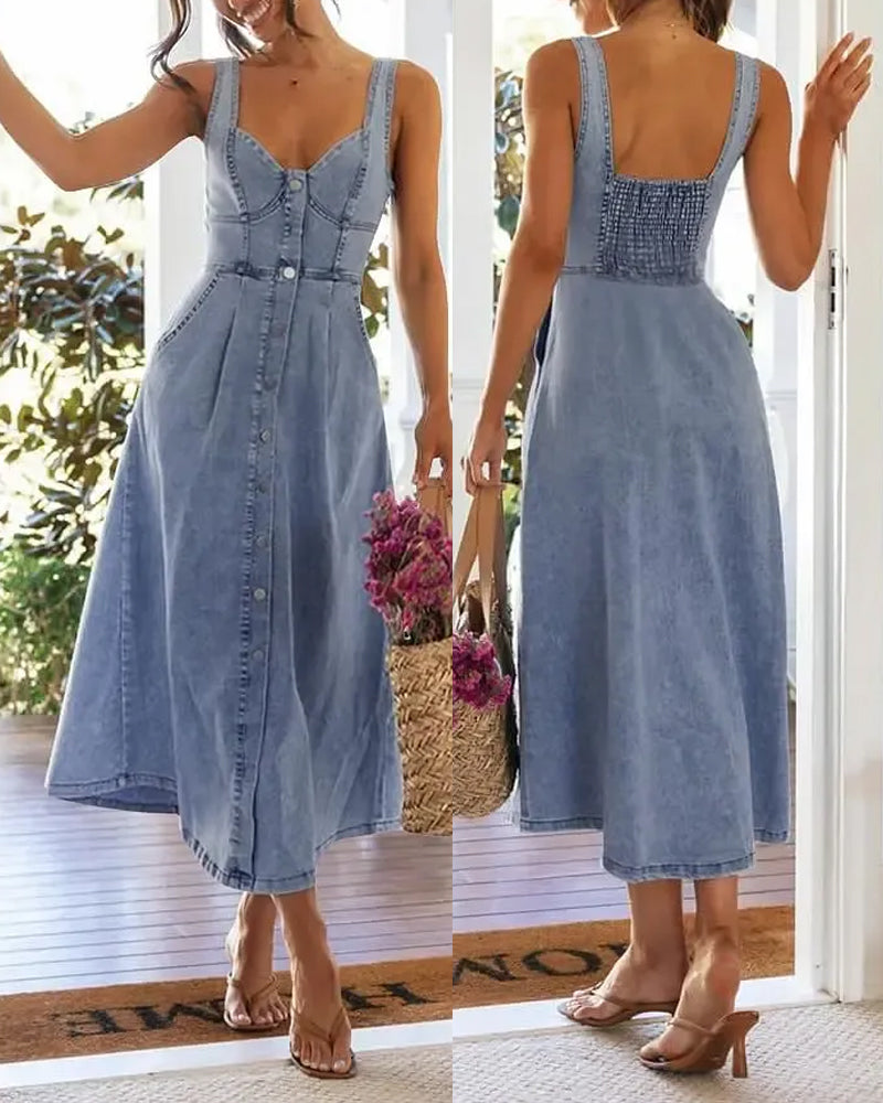 Sukienka Spaghetti Ramiączko Guzik Talia Wcięta Denim