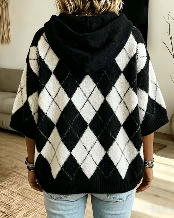 Sweter Plaid Z Kapturem Rękaw Trzy-Czwarte