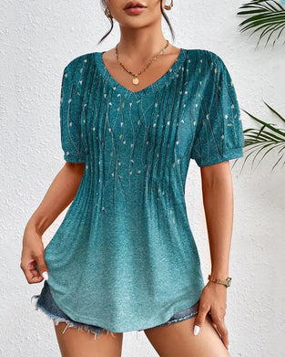 T-Shirt Z Dekoltem W Serek Codzienny Z Nadrukiem Z Krótkim Rękawem