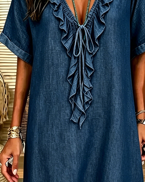 Sukienka V-Szyja Denim Ruffle