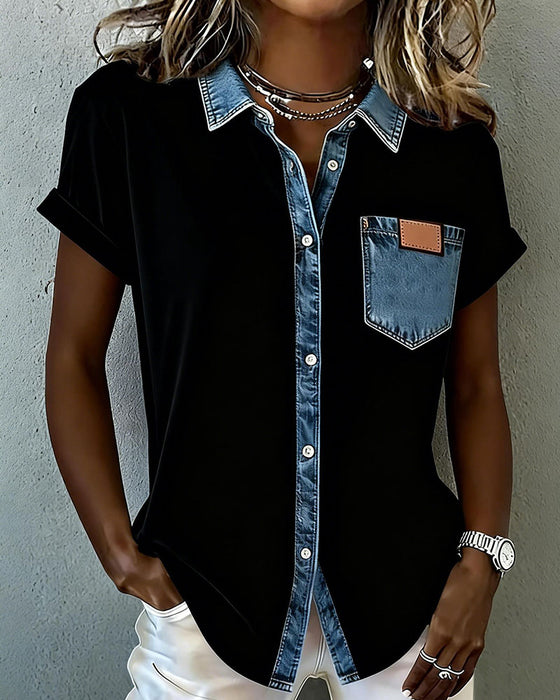T-Shirt Denim Patchwork Wywijany Kołnierz