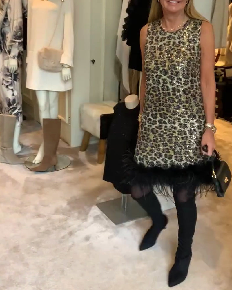 Sukienka Bezrękawa Wzór Lamparta Pióro Strusia Modna