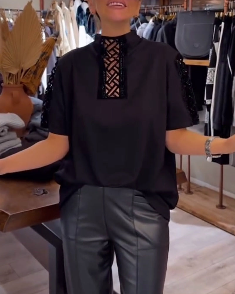 Top Modny Krótki Rękaw Wydrążony Kołnierz