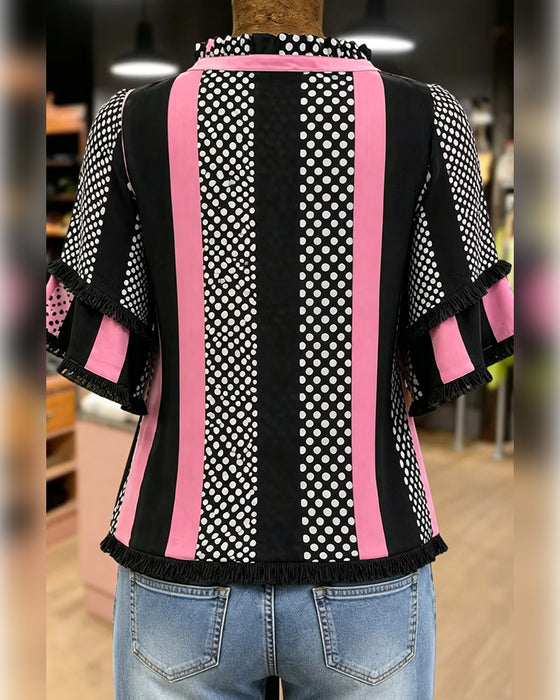 Koszula Kropka Kontrast Patchwork Ruffle