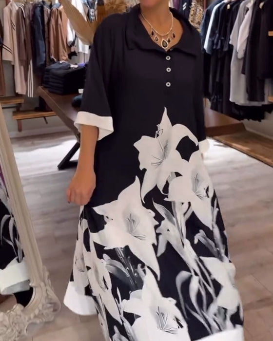 Sukienka Kołnierz Nadruk Oversized Maxi