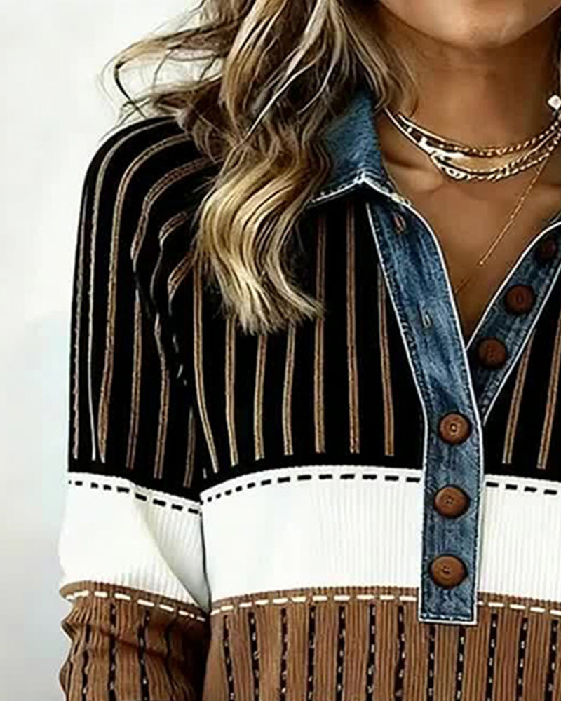 Uniwersalna Bluza Color-Block Z Kołnierzem Na Guziki