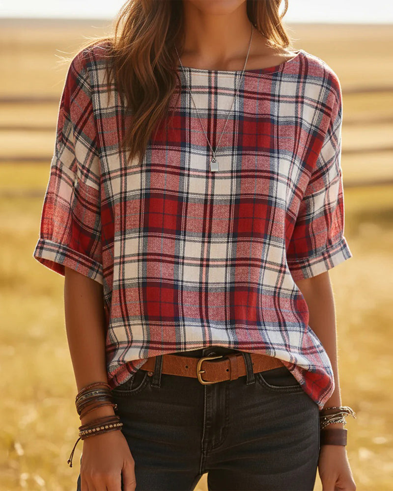 Bluzy Okrągły Dekolt Tartan