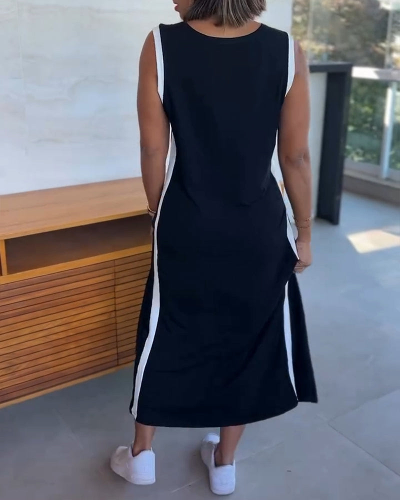 Sukienka Kolorowe Bloki Bez Rękawów Rozcięcie Maxi