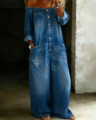 Kombinezon Off-Shoulder Denim Szeroka-Noga