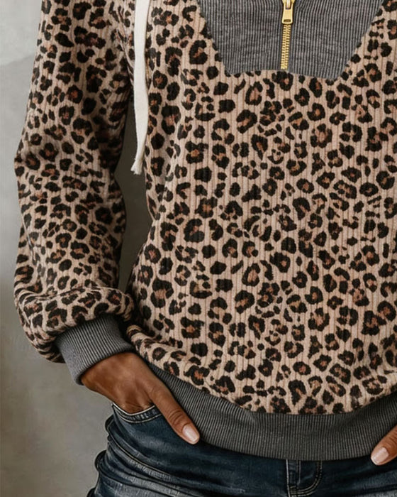 Bluza Z Kapturem Print Lampart Spliced Półzamkowy