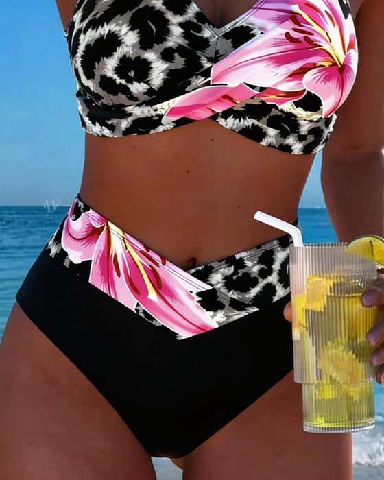 Bikini Lampart Nadruk Kwiatowy Kontrastowy Kolor