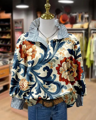 Vintage Blomstret Patchwork Stribe Krave Bluse