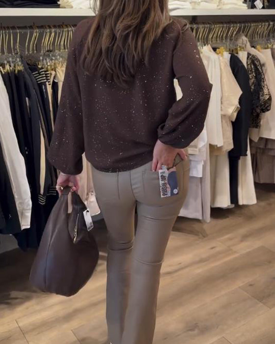 Bluzka Z Detalem wstążki, Projektem Rękawów Pufowanych, Tkaniną Prześwitującą Blaskiem I Elegancją Wibracji