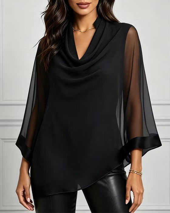 Bluzka Cowl Neck Nieregularny Gładki Sheer