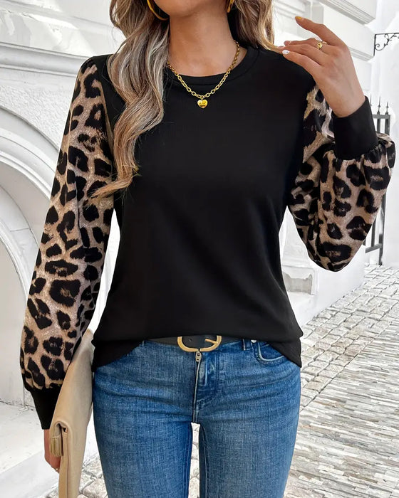 Top Długi Rękaw Leopard Print Kontrast
