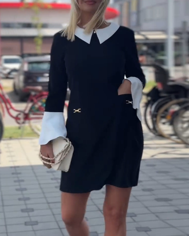 Elegancka kontrastująca sukienka z rękawami dzwonkowymi