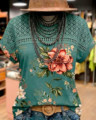 T-Shirt Z Wycięciem Patchwork Krótki Rękaw