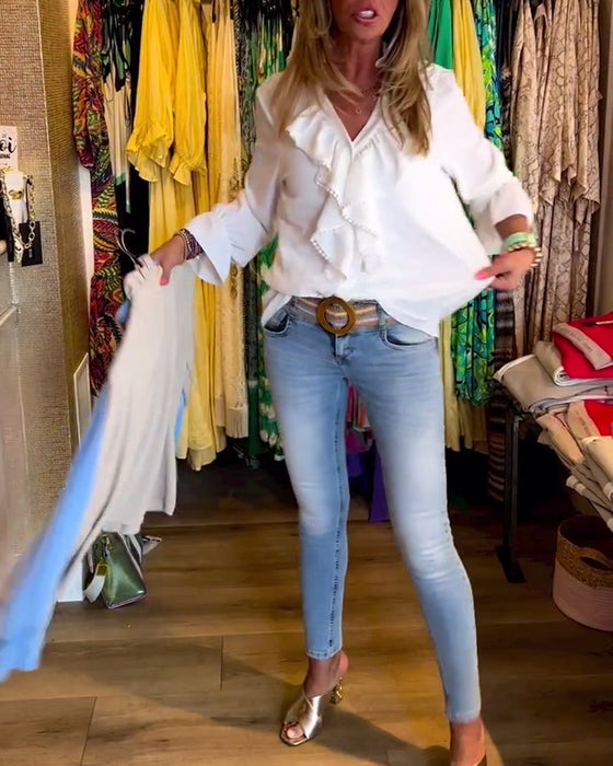 Damskie markowe bluzki z falbaną